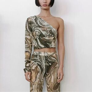 ZARA ASYMMETRICAL TULLE CORSET CROP TOP Sz Medium One Sleeve Floral Club Party